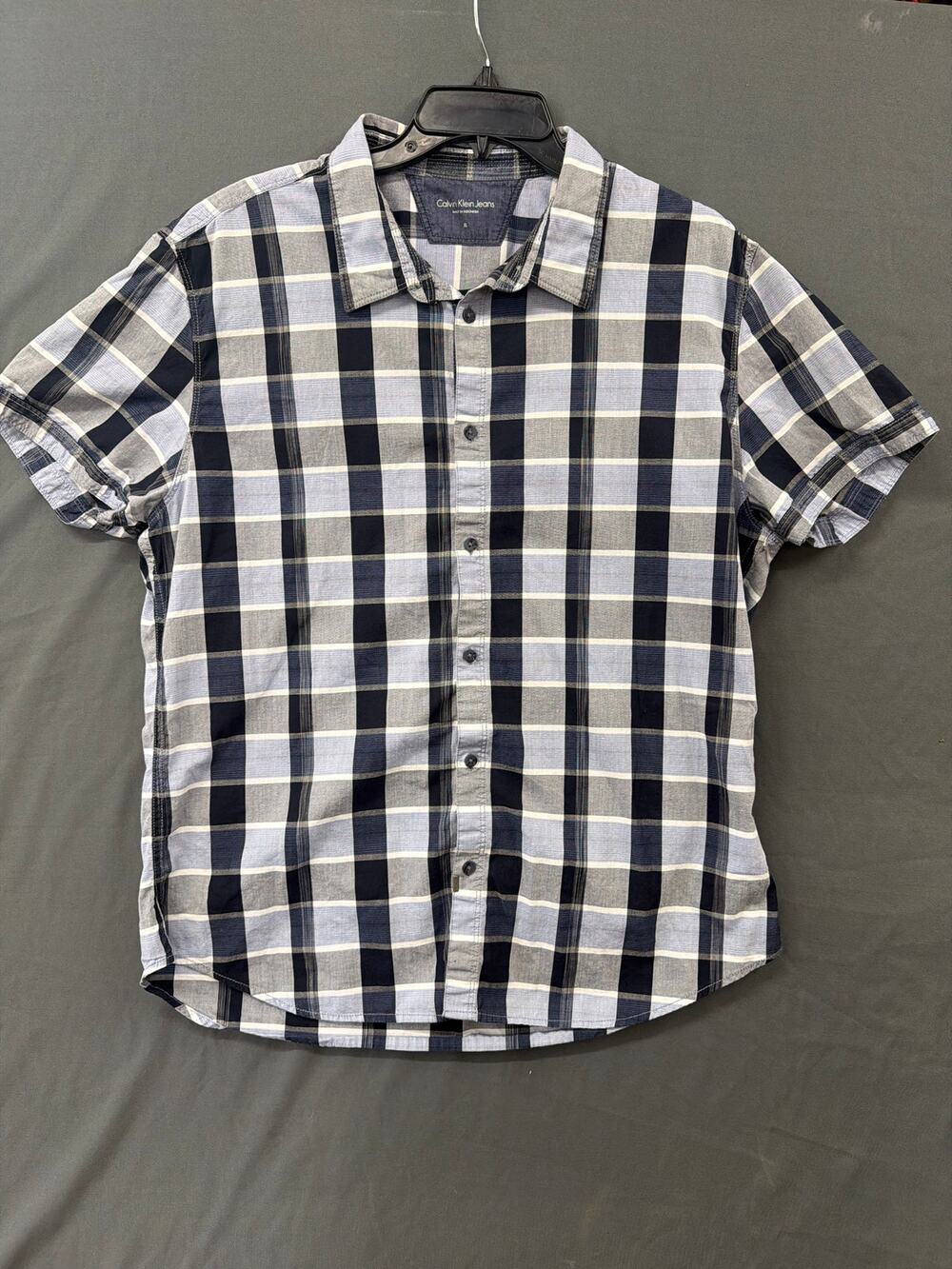 Calvin Klein Jeans Men's XL Plaid Short Sleeve Button Up Shirt Blue Gray